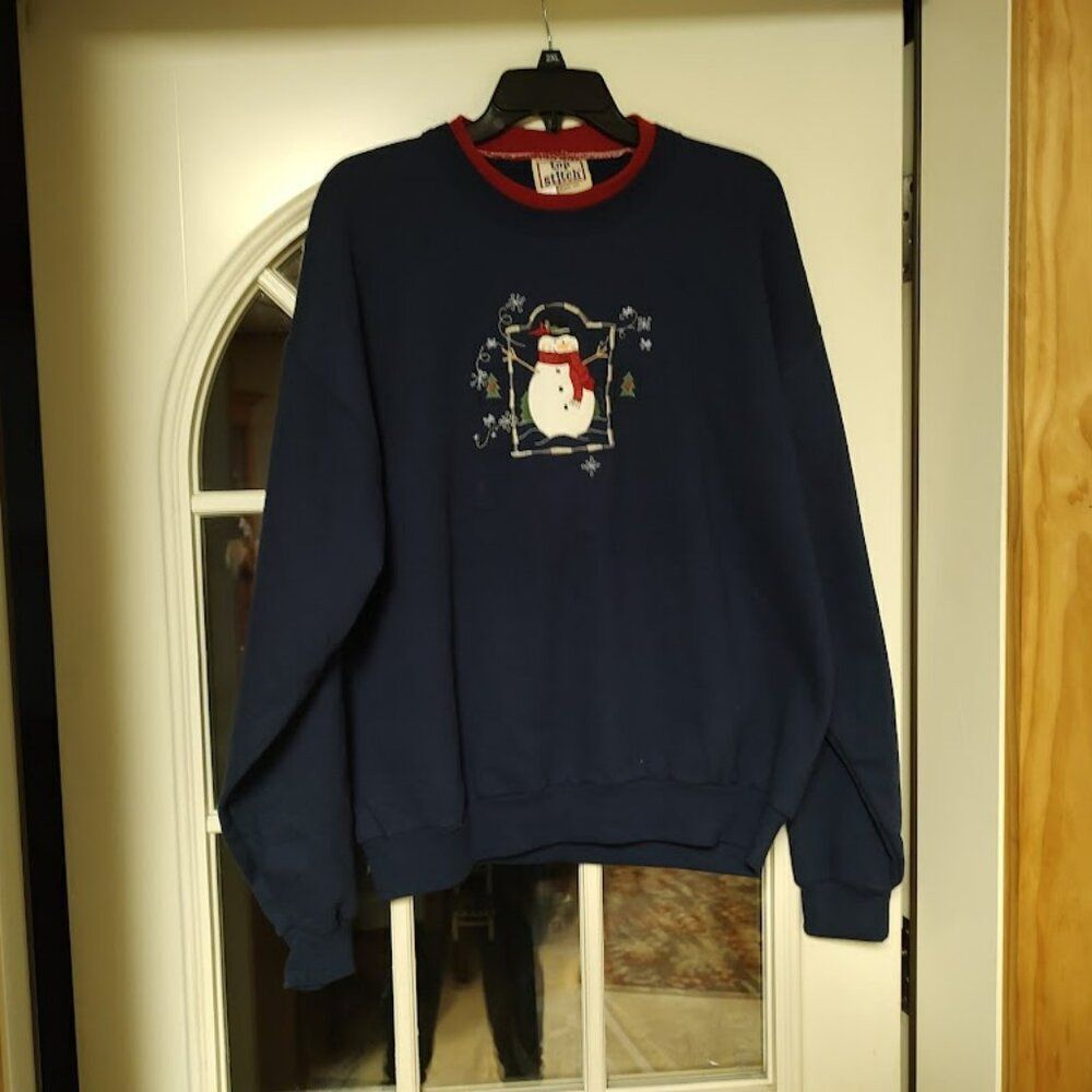 New Top Stitch Navy Blue Snowman Christmas Sweatshirt Size Women's L